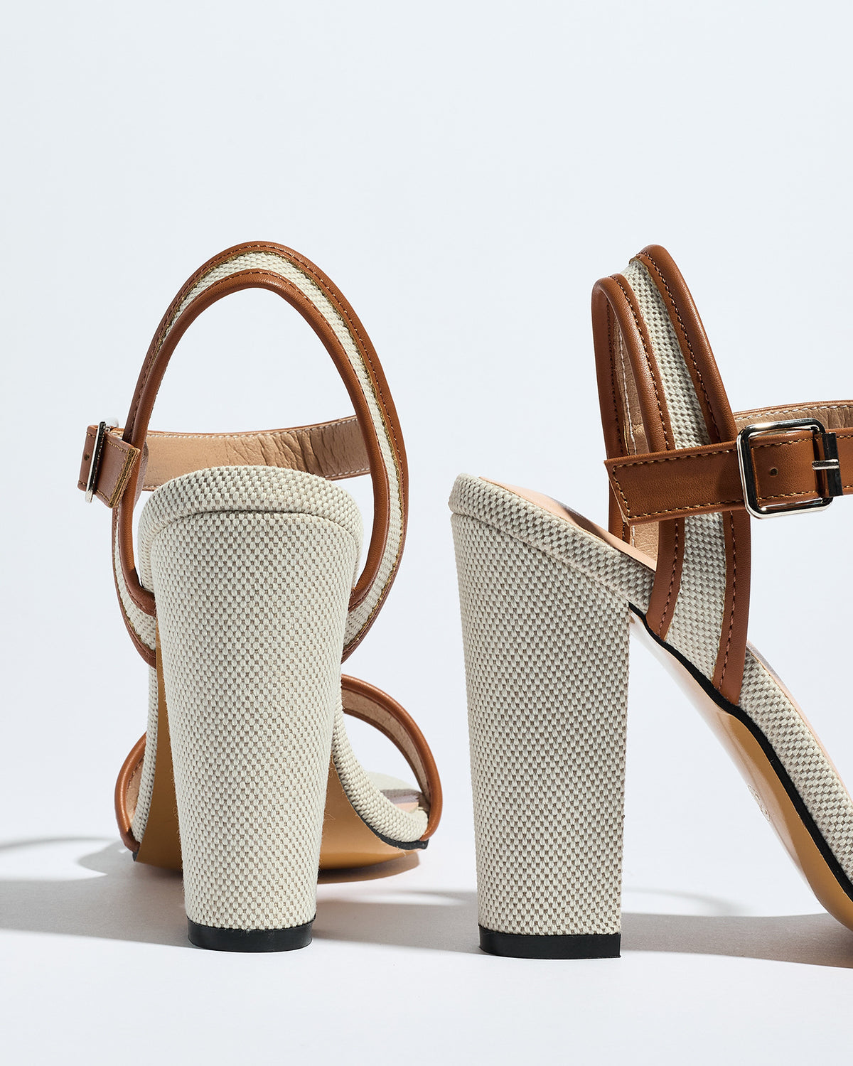 Mescini brown block heel ankle strap sandals, back view of both shoes together, US women's sizes