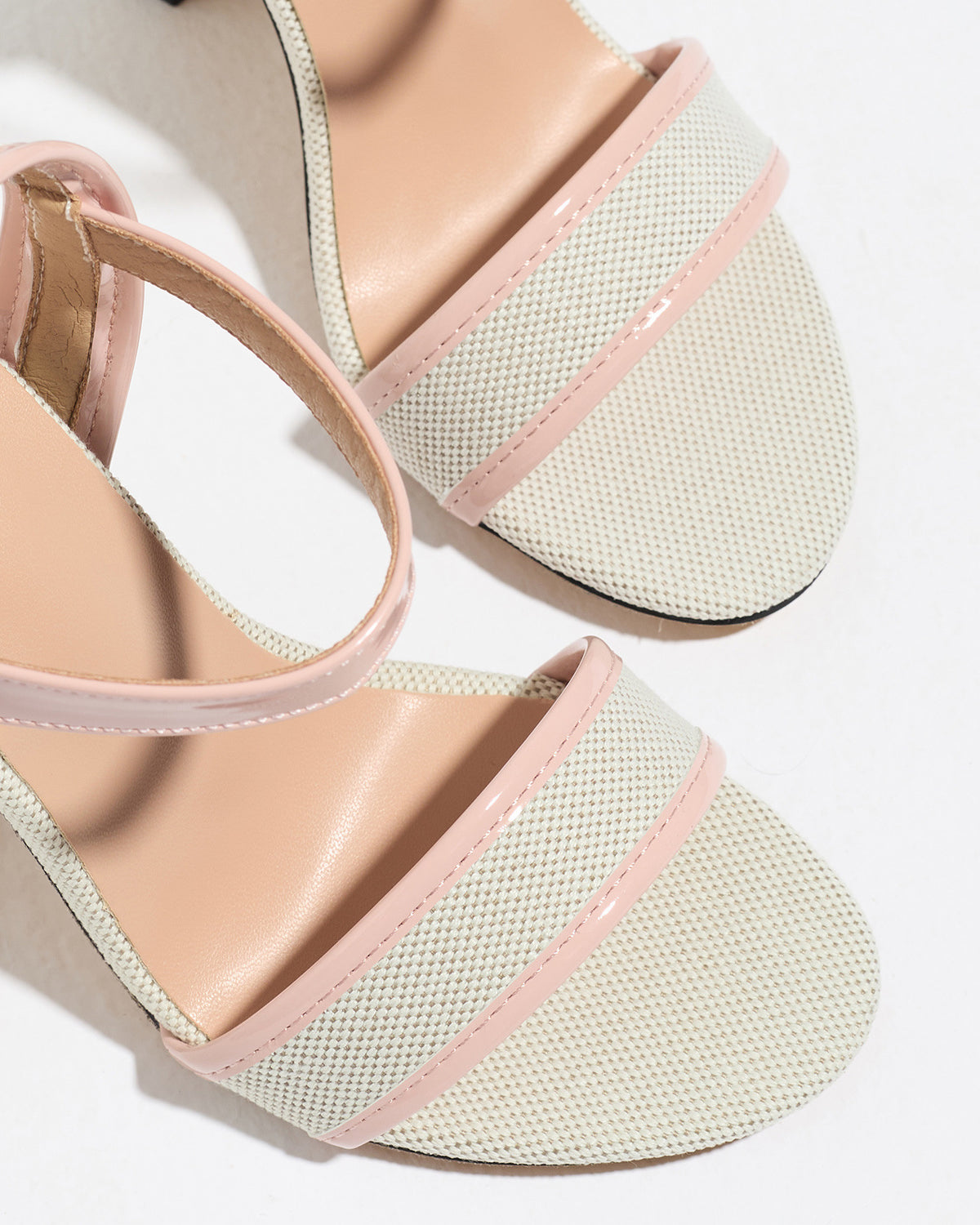 Mescini pink block heel ankle strap sandals, macro shot of the woven toe bands, US women's sizes