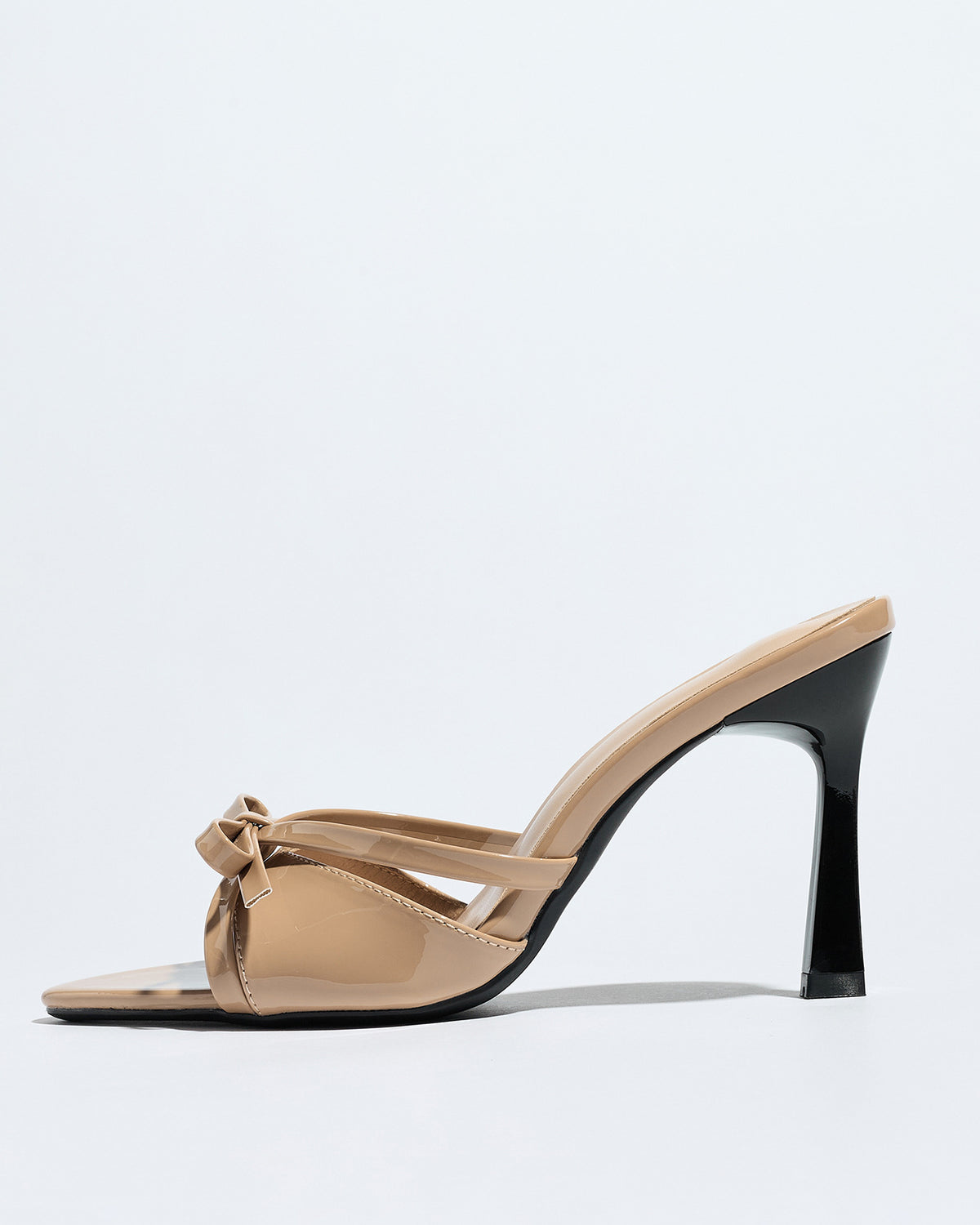 Mescini apricot bow pointed toe stiletto mules, single shoe profile view, US women's sizes