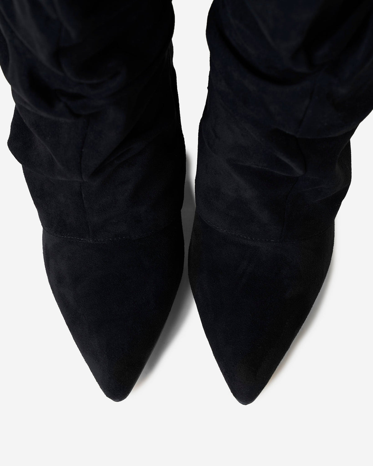 Mescini black slouchy knee high boots, pointed toes seen from above, US size guide