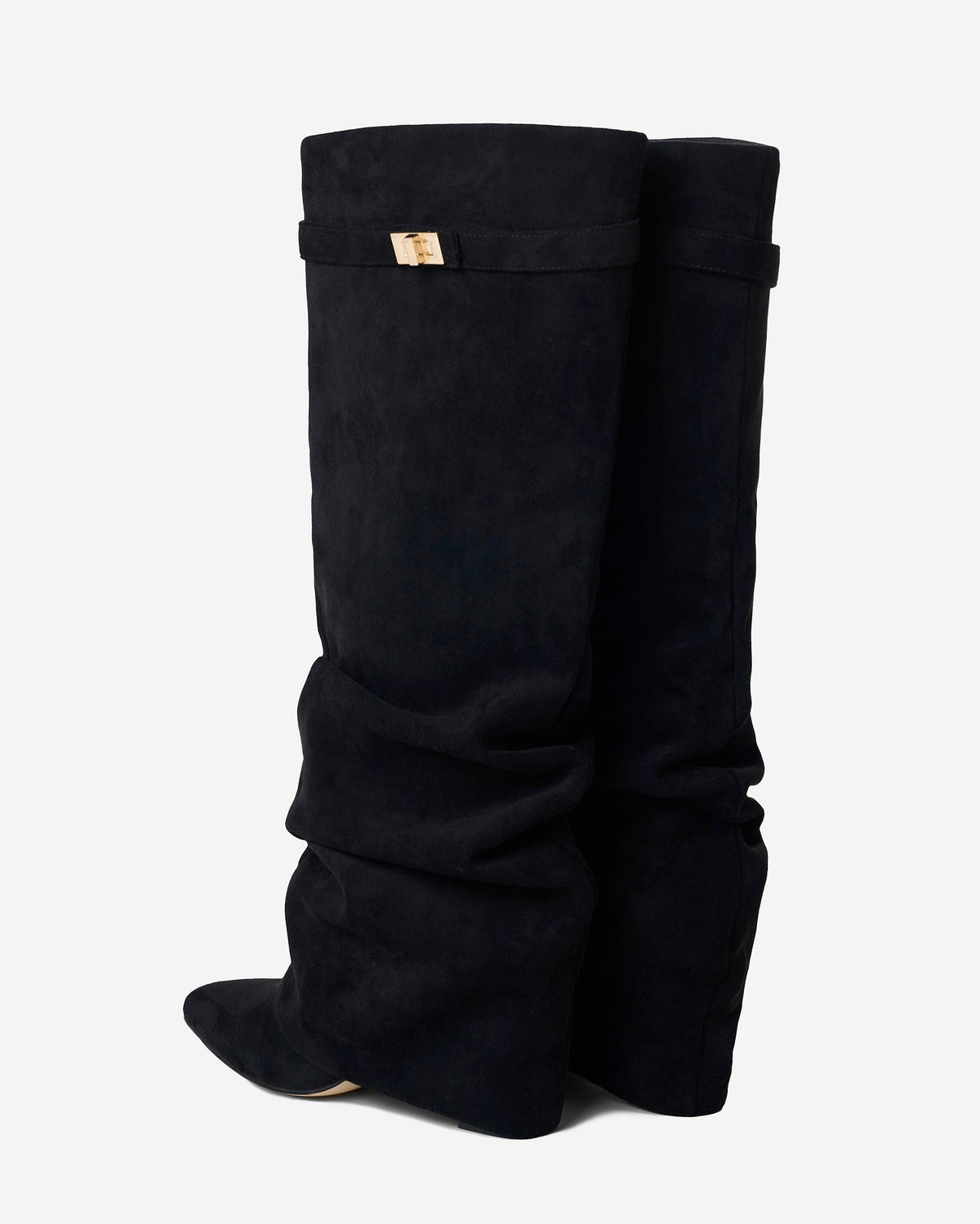 Mescini black slouchy knee high boots, rear view of the gathered shaft, US sizes