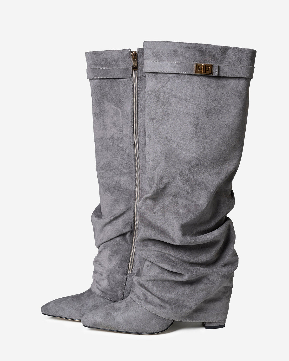 Mescini grey slouchy knee high boots, worn by a model seated on a bench, US sizes