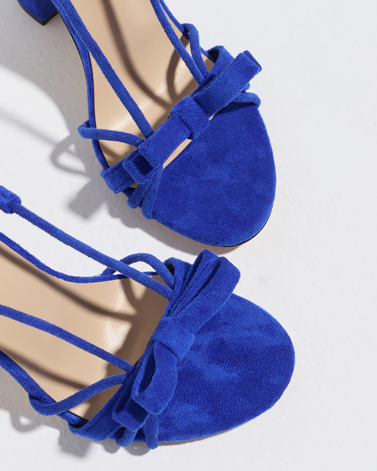 Mescini blue knotted bow strappy block heel sandals, close up of the toe and instep, US women's sizes
