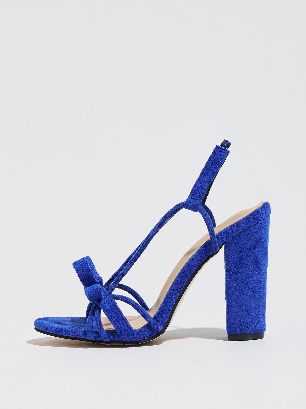 Mescini blue knotted bow strappy block heel sandals, full side view of one shoe, US women's sizes