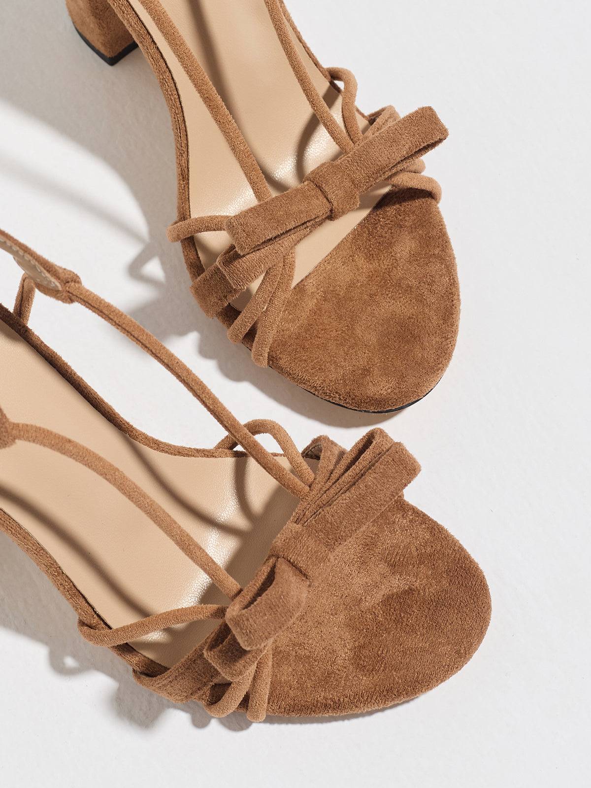 Mescini brown knotted bow strappy block heel sandals, close up of the toe and instep, US women's sizes
