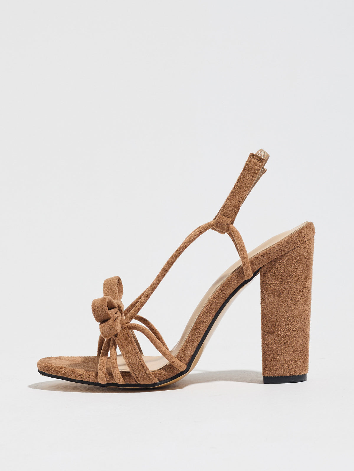 Mescini brown knotted bow strappy block heel sandals, full side view of one shoe, US women's sizes