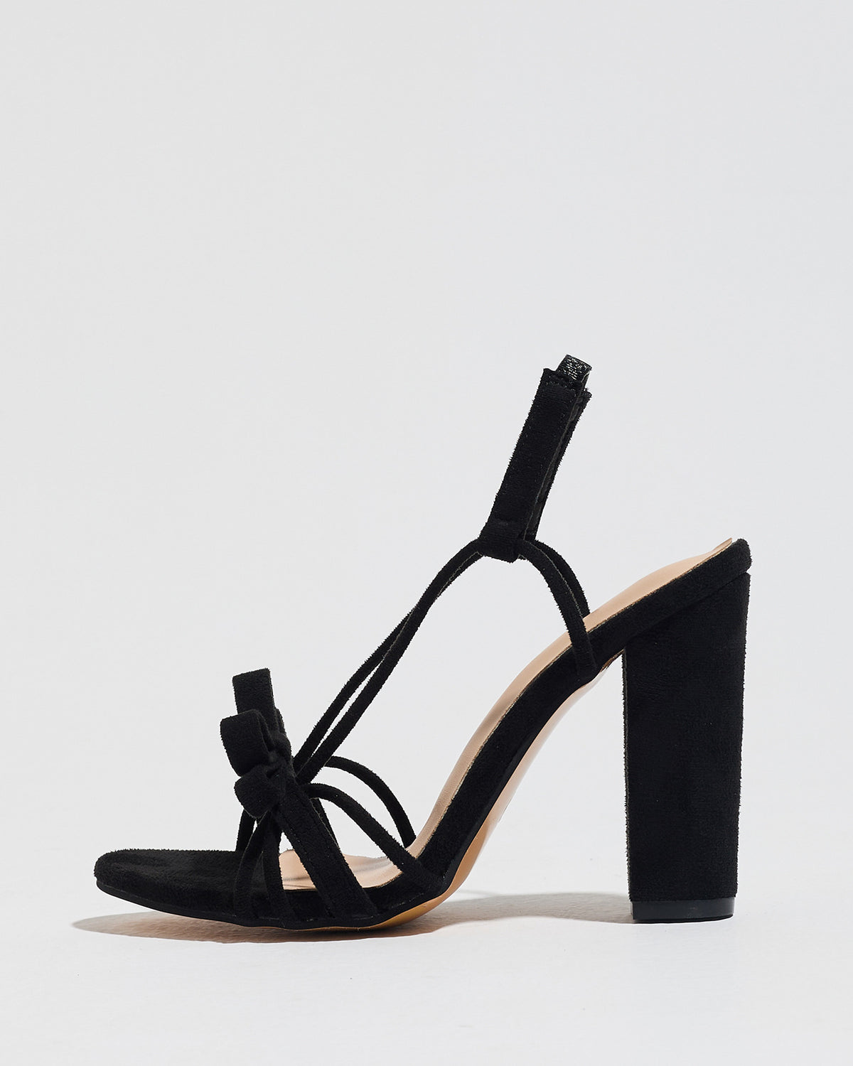 Mescini black knotted bow strappy block heel sandals, full side view of one shoe, US women's sizes