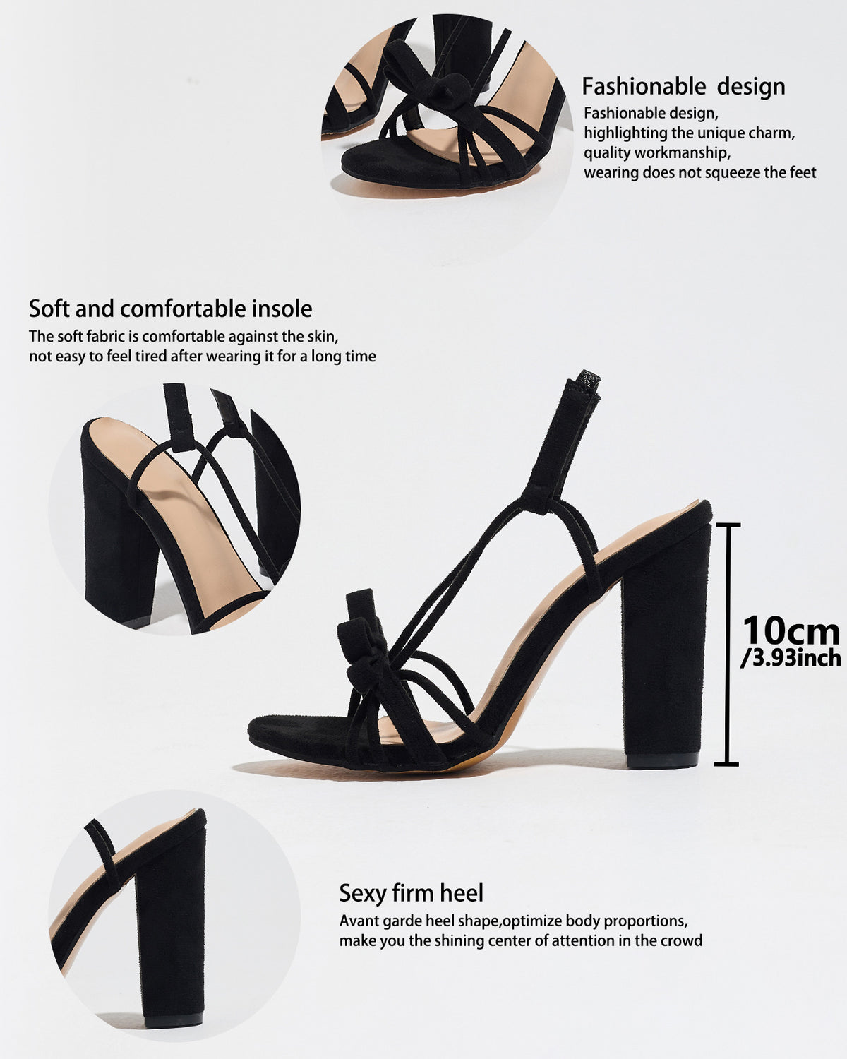 Mescini black knotted bow strappy block heel sandals, feature graphic with 10 cm height, US women's sizes