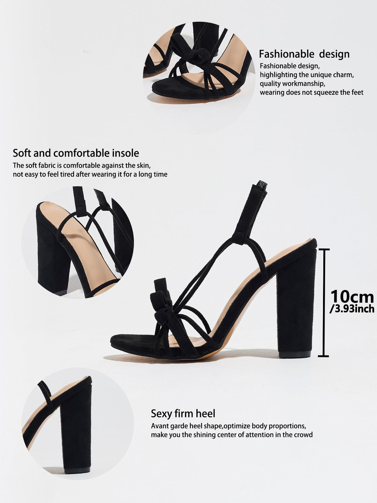 Mescini black knotted bow strappy block heel sandals, feature graphic with 10 cm height, US women's sizes