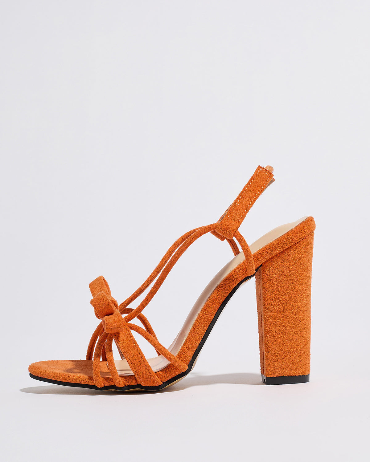 Mescini orange knotted bow strappy block heel sandals, full side view of one shoe, US women's sizes