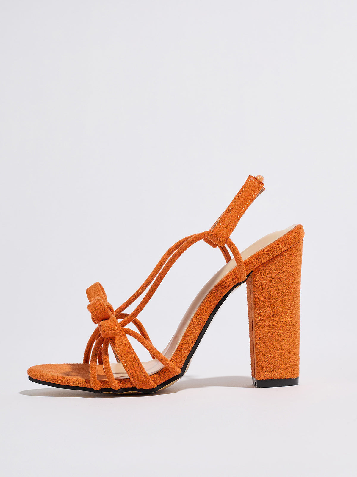 Mescini orange knotted bow strappy block heel sandals, full side view of one shoe, US women's sizes