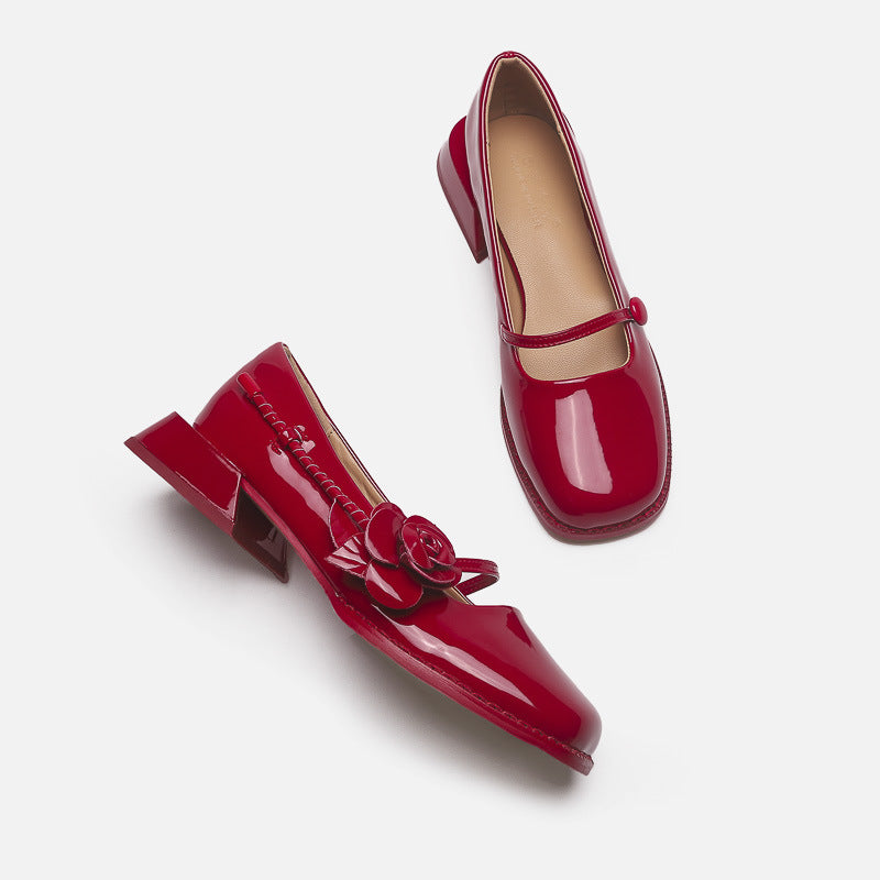Mescini - red rose square toe mary jane heels seen from above, strap detail, US women's sizes
