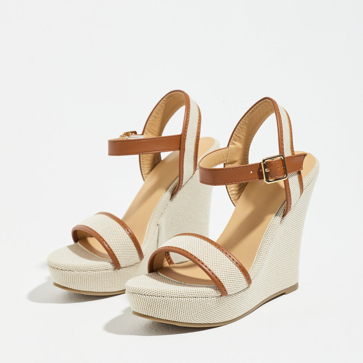 Mescini brown canvas platform wedge sandals, angled view of the pair on white, US women's sizes