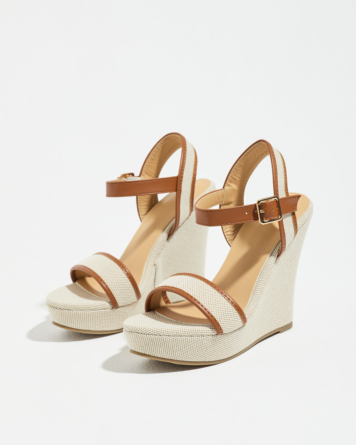 Mescini brown canvas platform wedge sandals, angled view of the pair on white, US women's sizes