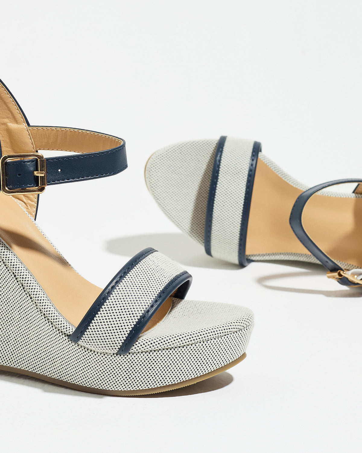 Mescini navy blue canvas platform wedge sandals, close up of the straps and buckle, US women's sizes