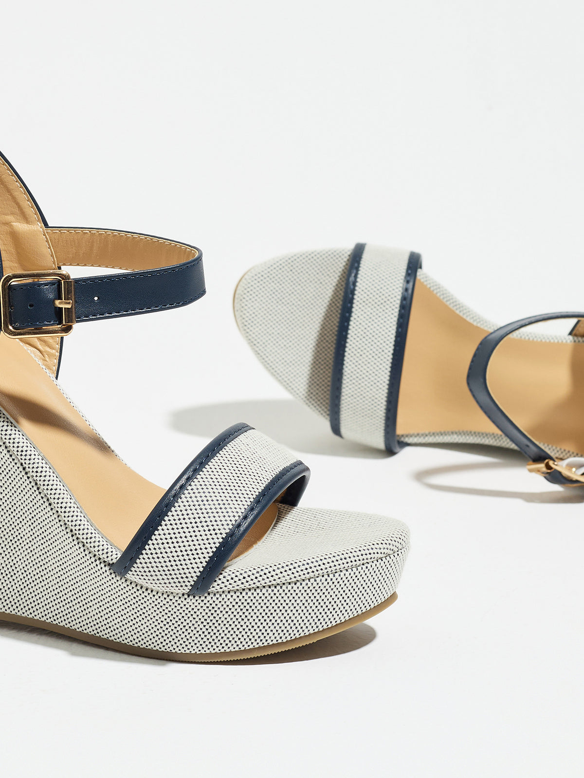Mescini navy blue canvas platform wedge sandals, close up of the straps and buckle, US women's sizes