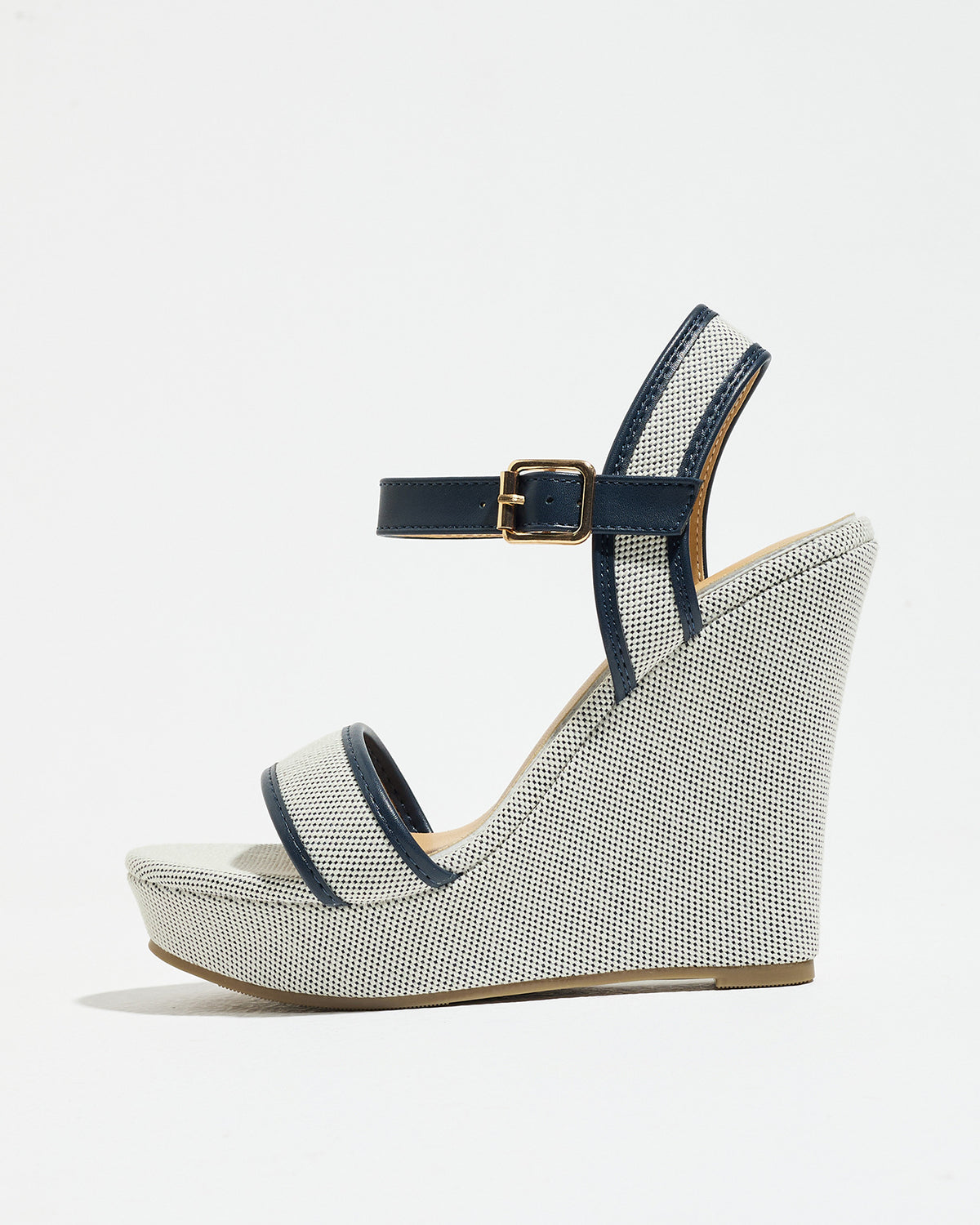 Mescini navy blue canvas platform wedge sandals, full side view of a single shoe, US women's sizes