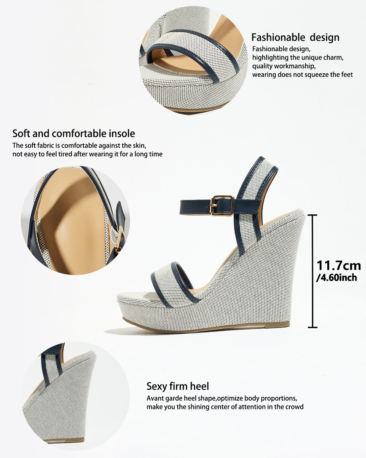 Mescini navy blue canvas platform wedge sandals, feature graphic with 11.7 cm height, US women's sizes