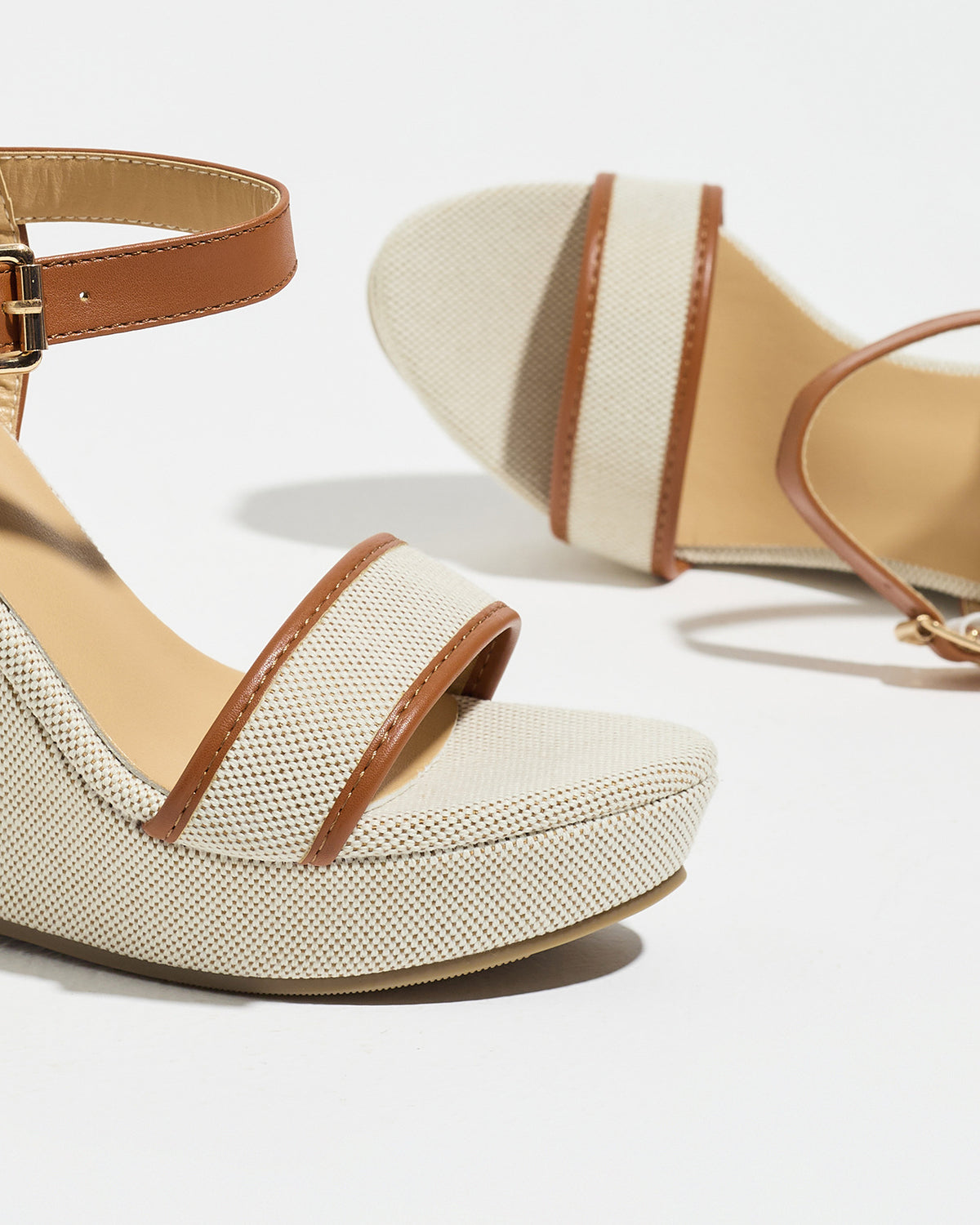 Mescini brown canvas platform wedge sandals, close up of the straps and buckle, US women's sizes
