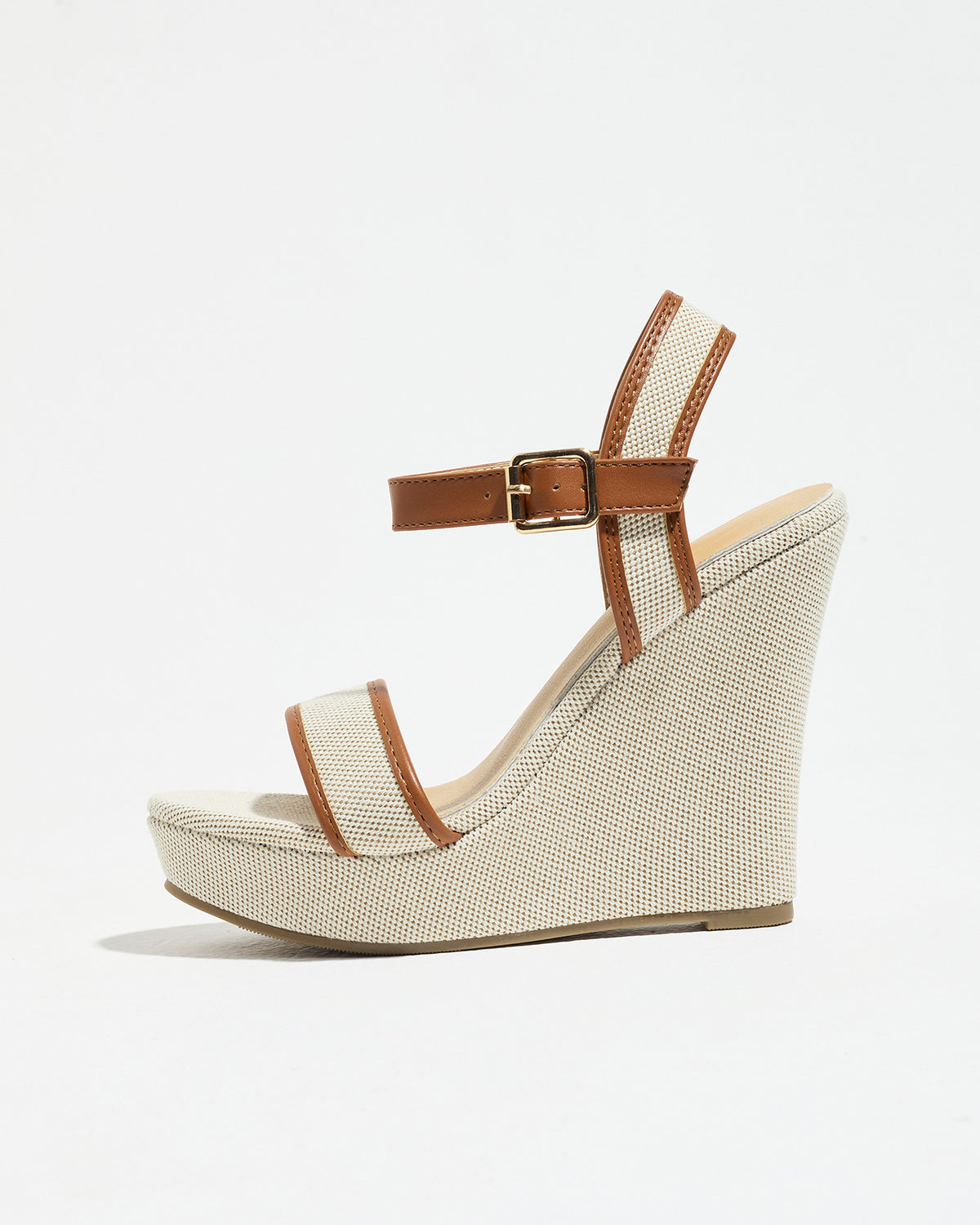 Mescini brown canvas platform wedge sandals, full side view of a single shoe, US women's sizes