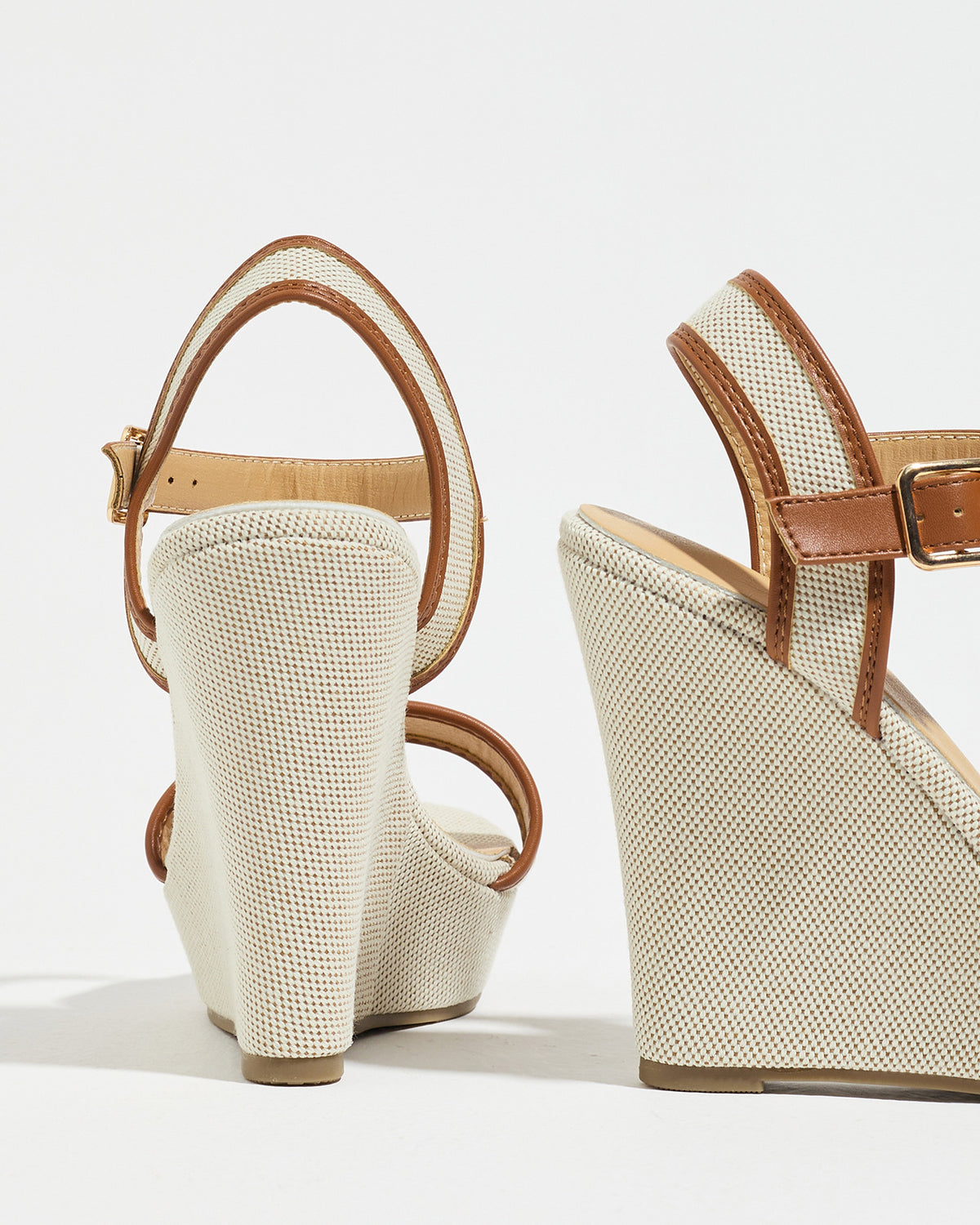 Mescini brown canvas platform wedge sandals, seen from behind at an angle, US women's sizes
