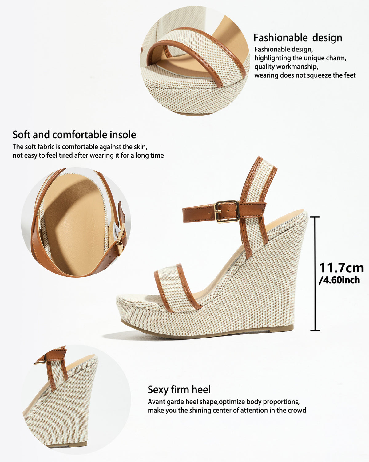 Mescini brown canvas platform wedge sandals, feature graphic with 11.7 cm height, US women's sizes