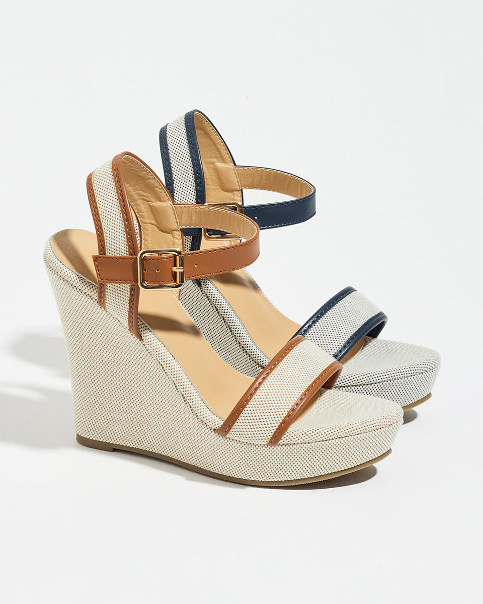 Mescini - Navy Blue and Brown canvas wedge sandals shown as a pair, US women's sizes