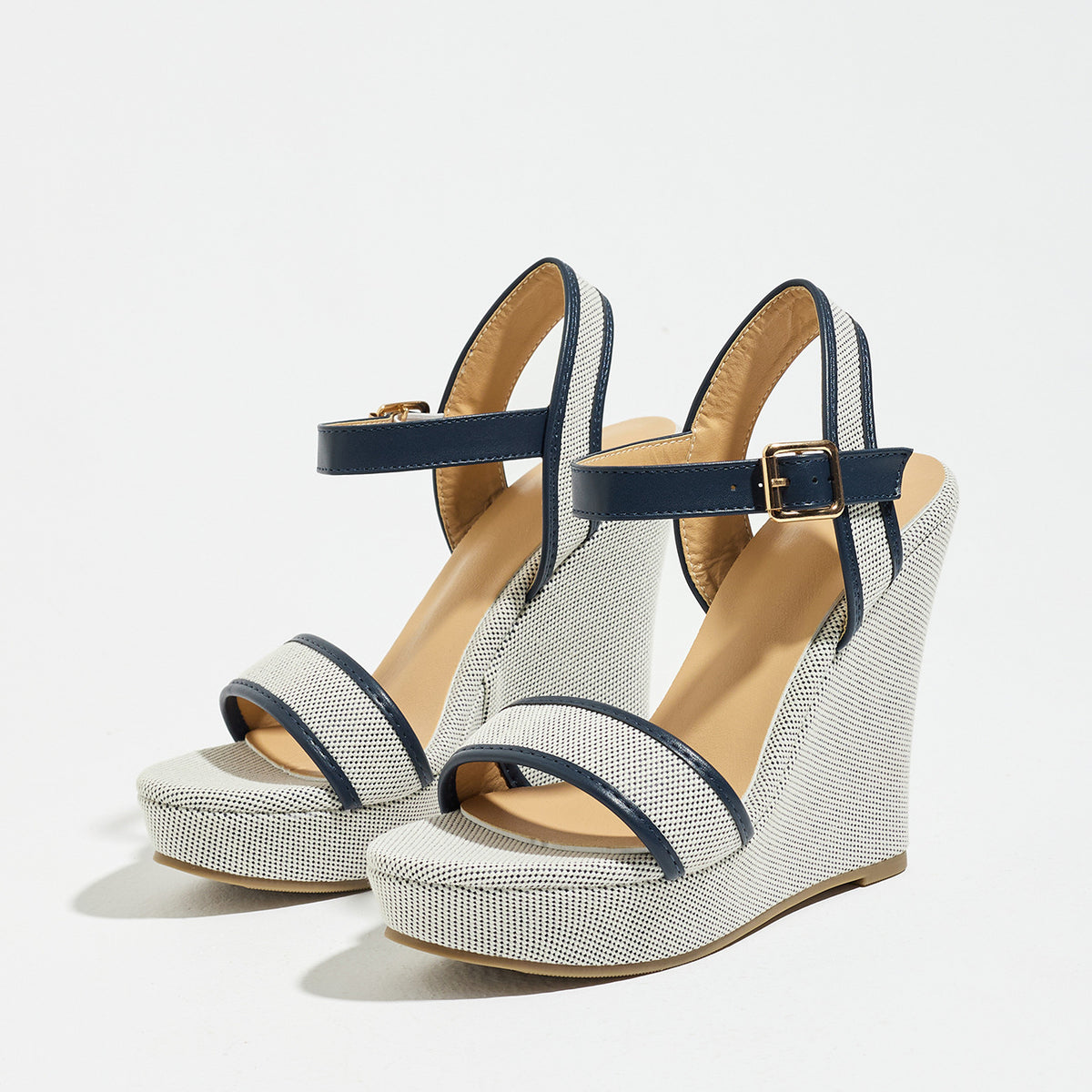 Mescini navy blue canvas platform wedge sandals, angled view of the pair on white, US women's sizes