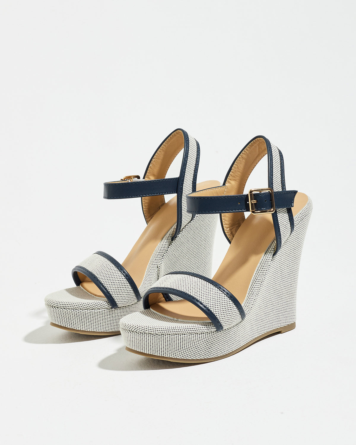 Mescini navy blue canvas platform wedge sandals, angled view of the pair on white, US women's sizes
