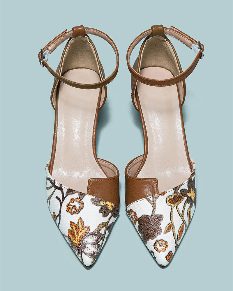 Mescini brown embroidered floral ankle strap pumps, pair viewed from overhead, US women's sizes