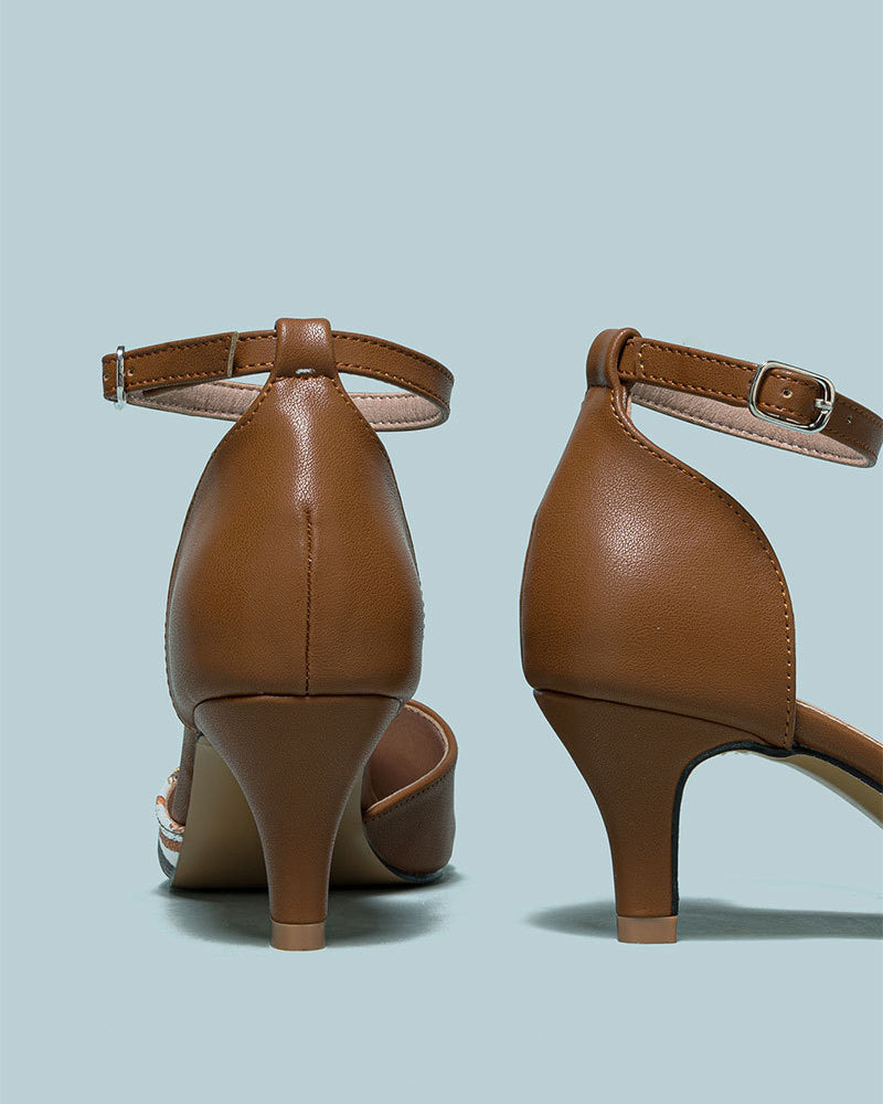 Mescini brown embroidered floral ankle strap pumps, rear view of the two heels, US women's sizes