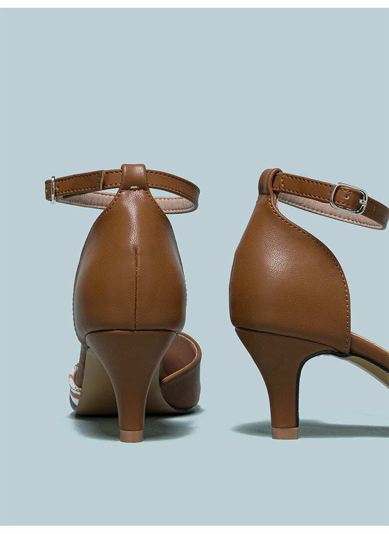 Mescini brown embroidered floral ankle strap pumps, rear view of the two heels, US women's sizes
