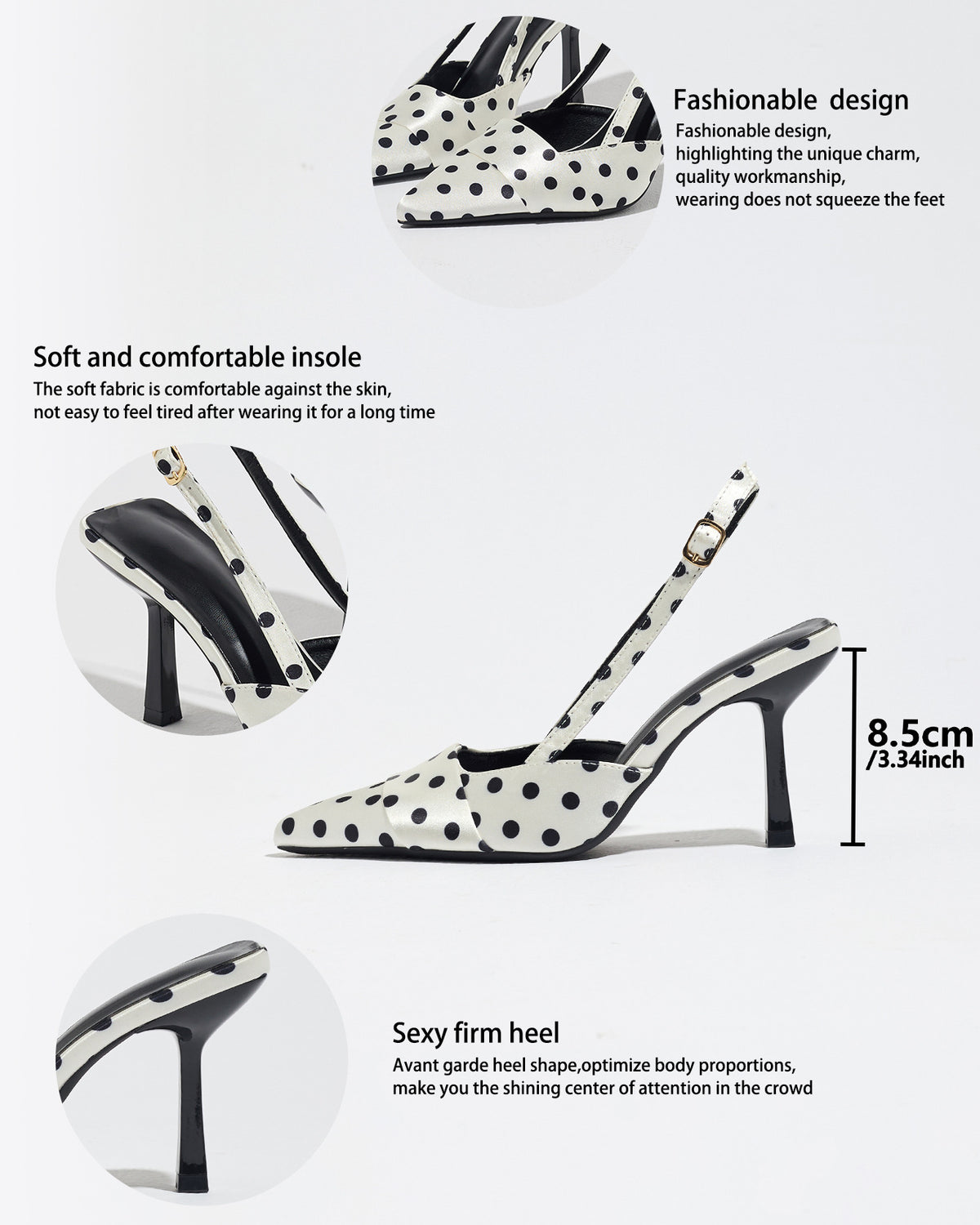 Mescini white polka dot slingback stiletto heels, graphic with insole and fit callouts, US women's sizes