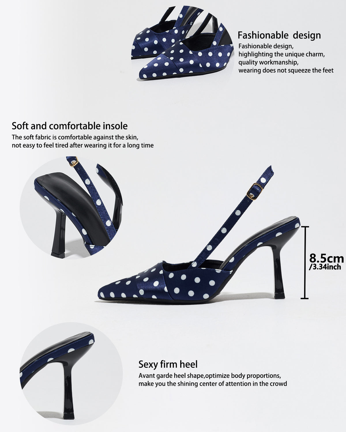 Mescini navy polka dot slingback stiletto heels, graphic with design and insole notes, US women's sizes