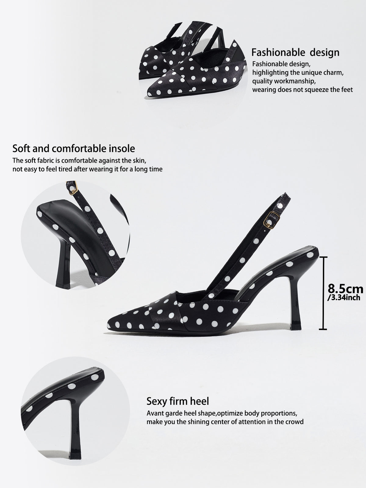 Mescini black polka dot slingback stiletto heels, graphic with insole and design callouts, US women's sizes