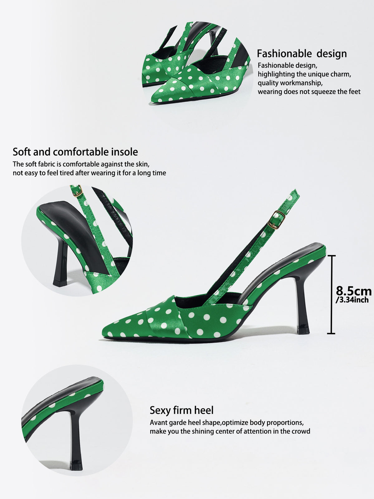 Mescini green polka dot slingback stiletto heels, graphic with design and insole callouts, US women's sizes