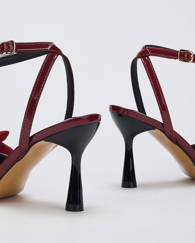 Mescini – Burgundy bow ankle strap pumps seen from behind, flared heels, US women's sizes