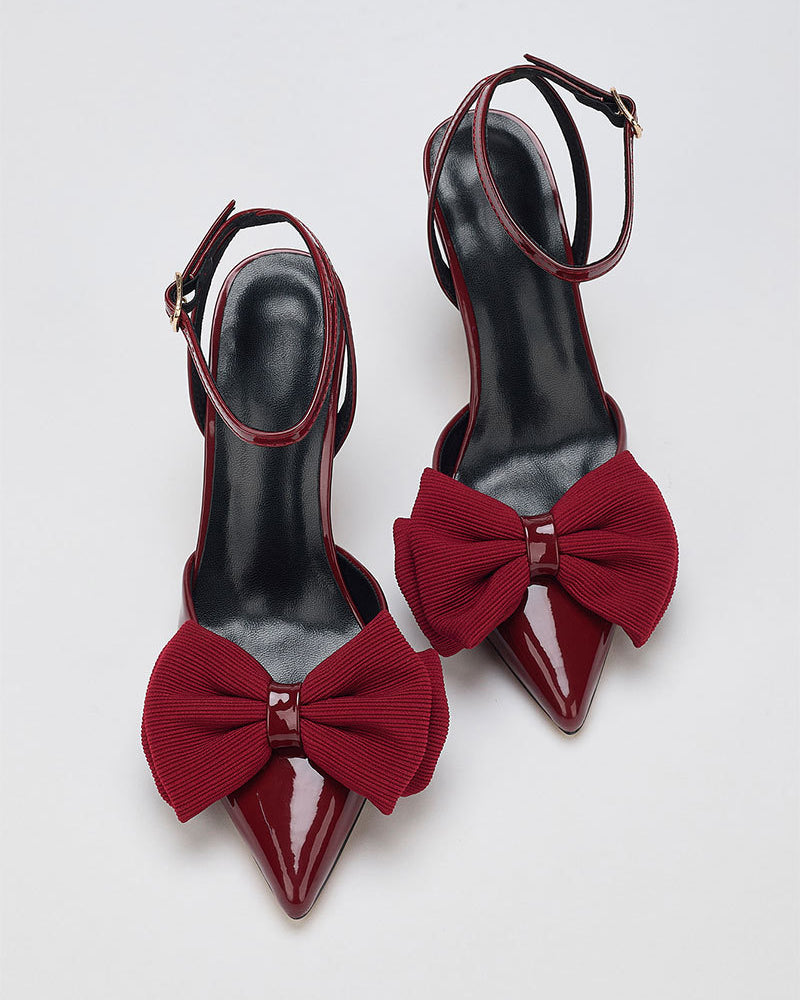 Mescini – Burgundy bow ankle strap pumps, front studio pair view, US women's sizes