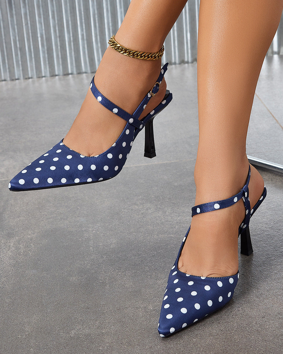 Mescini – Navy polka dot slingback, buckled instep strap fastened, US women's sizes
