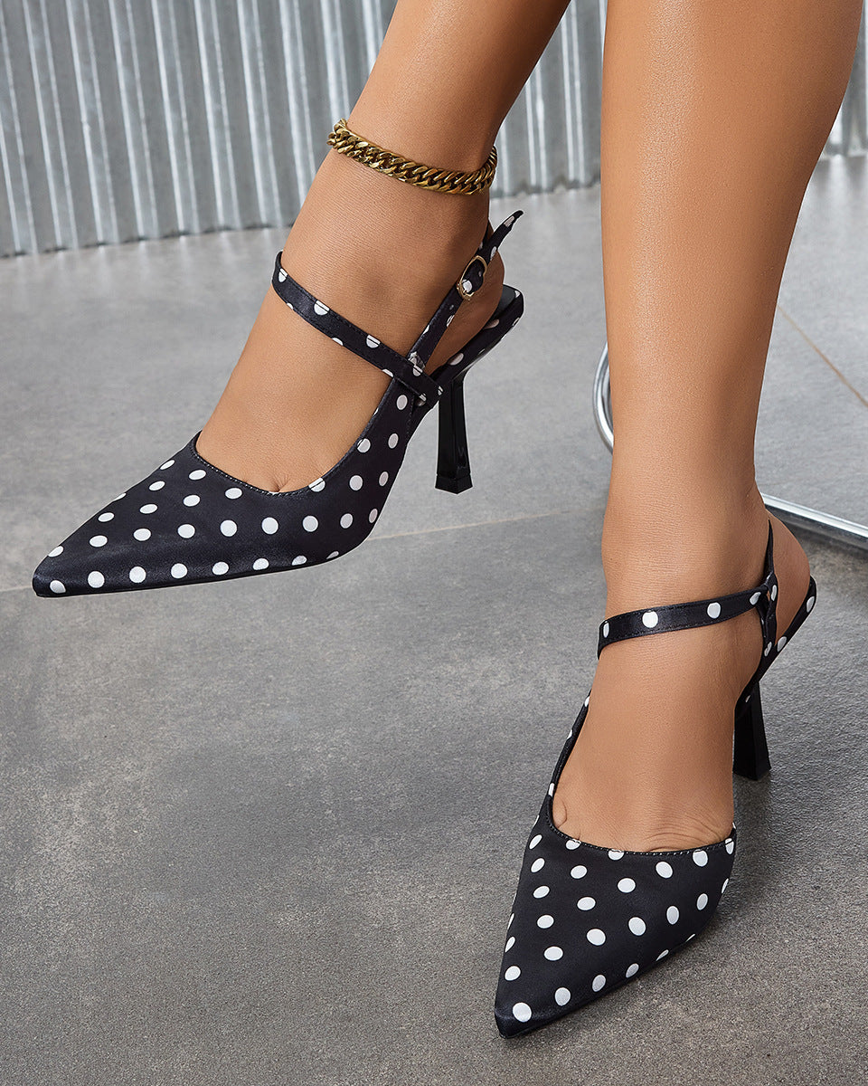 Mescini – Black polka dot pointed toe slingback, print in close up, US women's sizes