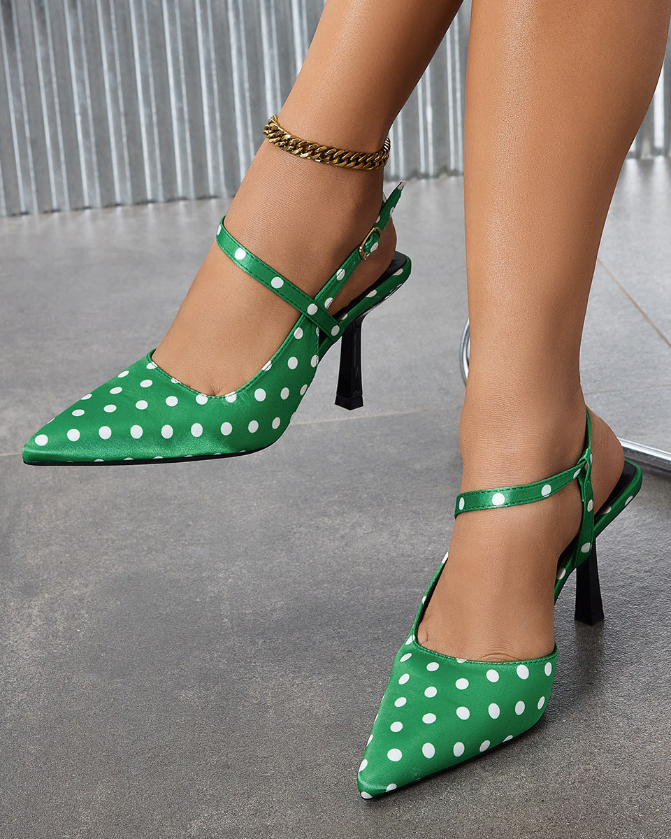 Mescini – Green polka dot pointed toe slingbacks worn as a pair, US women's sizes