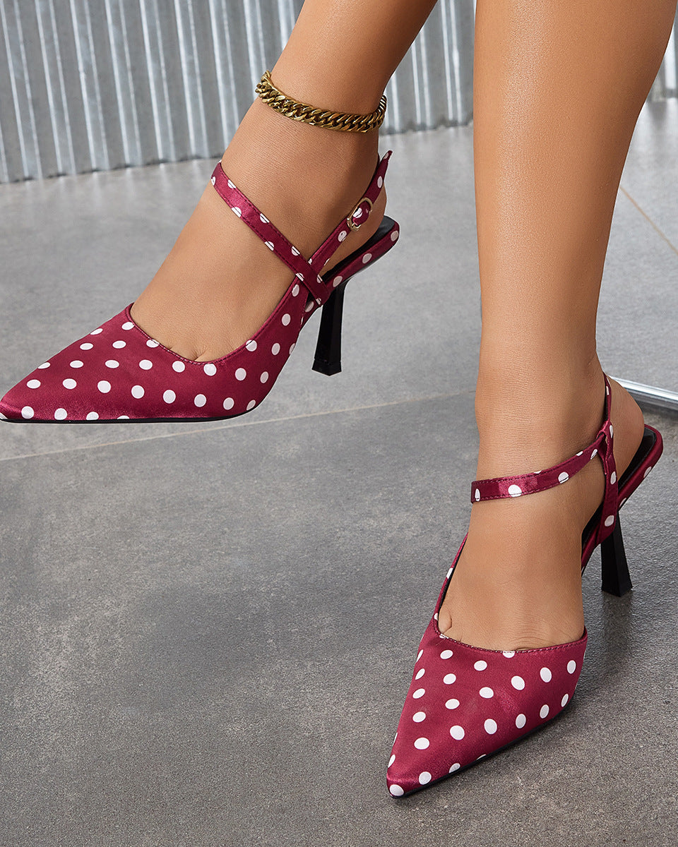 Mescini – Burgundy polka dot slingback, flared stiletto heel on foot, US women's sizes