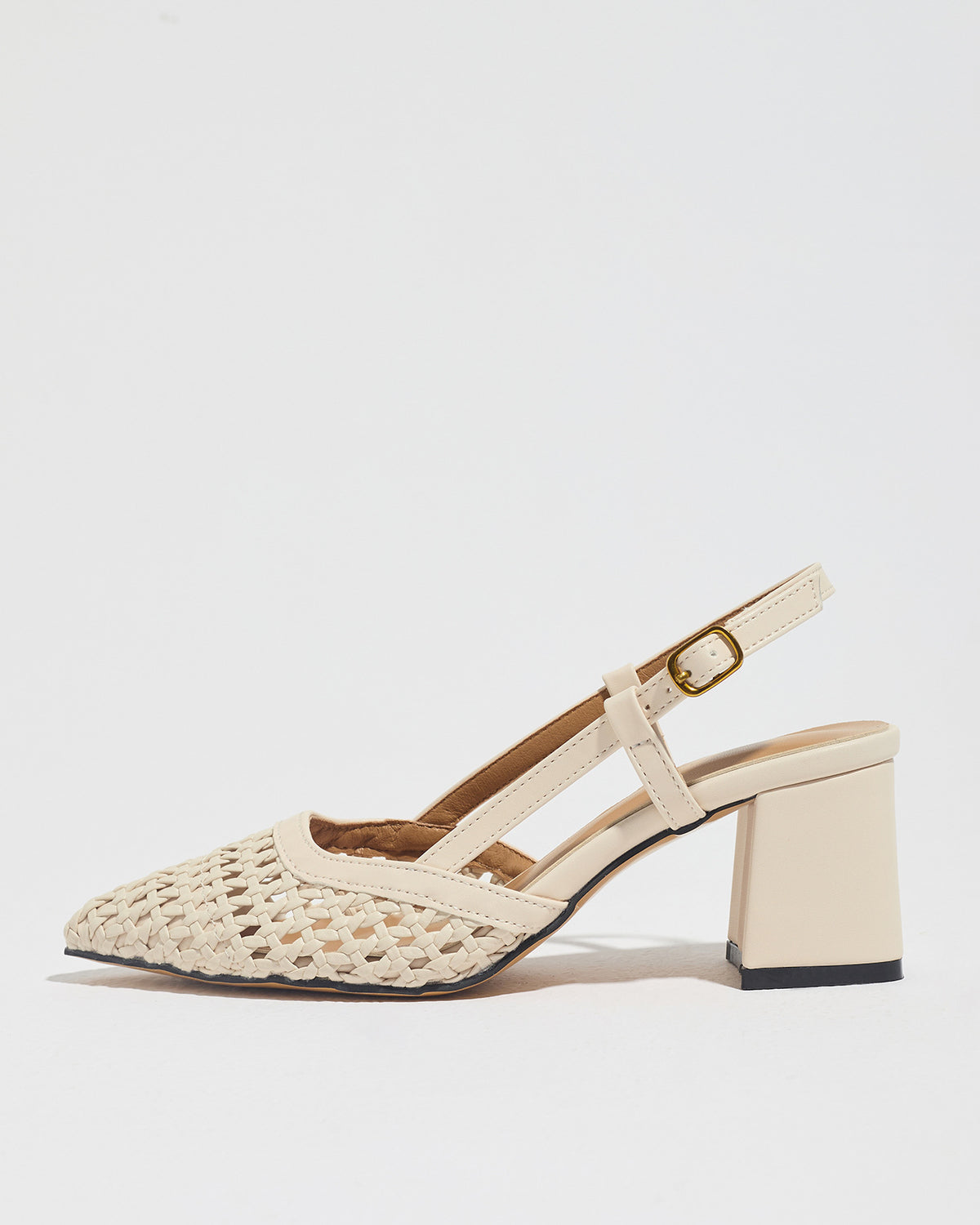 Mescini off-white woven pointed toe block heel pump, single shoe in profile, US women's sizes