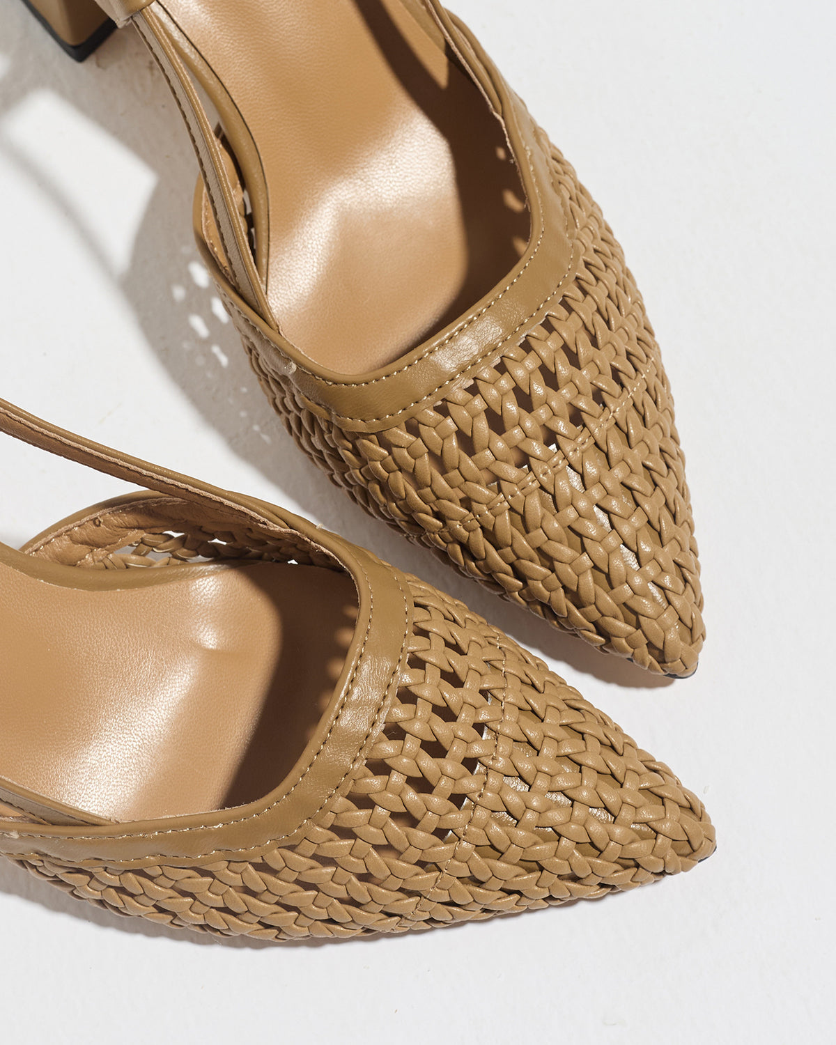 Mescini brown woven block heel pumps, close view of the pointed toe and weave, US women's sizes