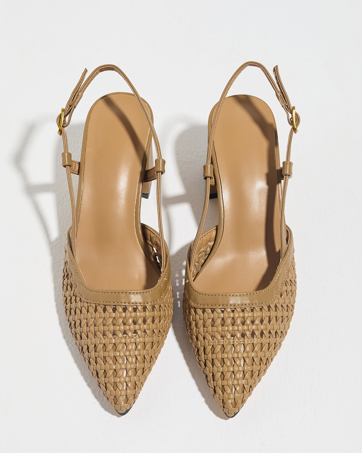 Mescini brown woven pointed toe block heel pumps, pair seen from above, US women's sizes