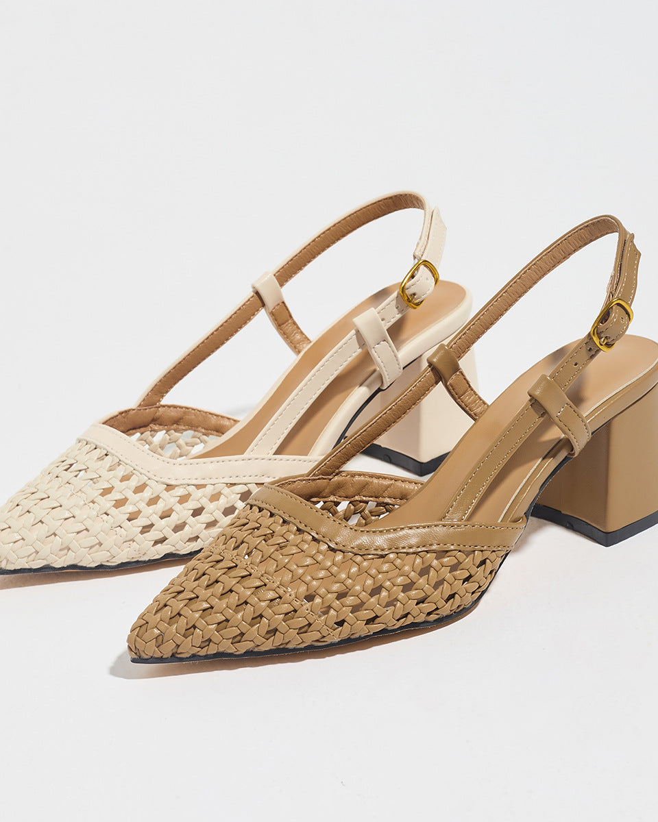 Mescini – off-white and brown woven pointed toe block heel pumps, US women's sizes
