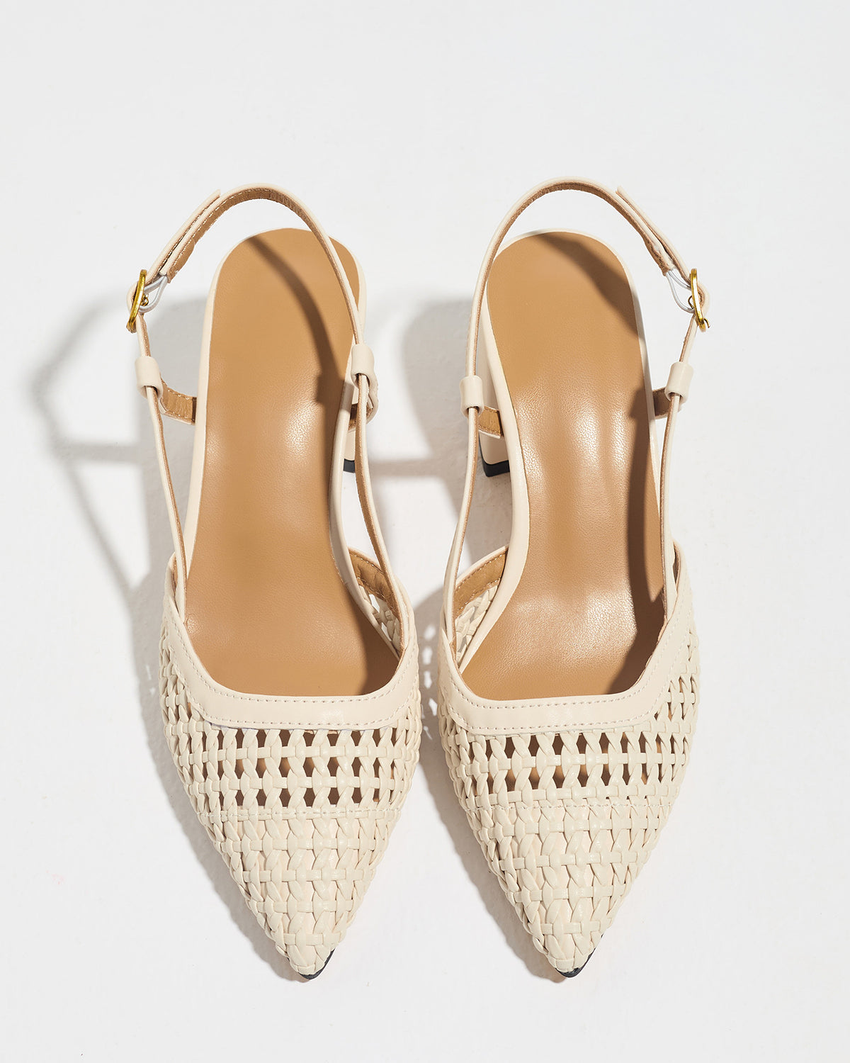 Mescini off-white woven pointed toe block heel pumps, pair seen from above, US women's sizes
