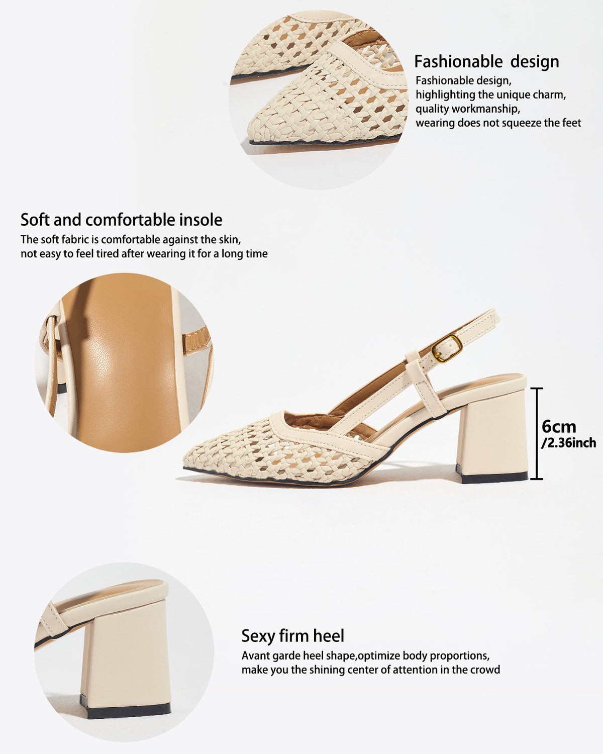 Mescini off-white woven pointed toe block heel pumps, supplier design panel, US women's sizes