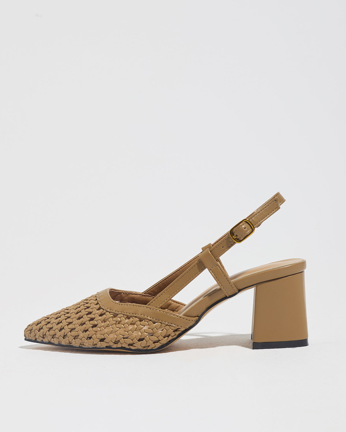 Mescini brown woven pointed toe block heel pump, single shoe in side profile, US women's sizes