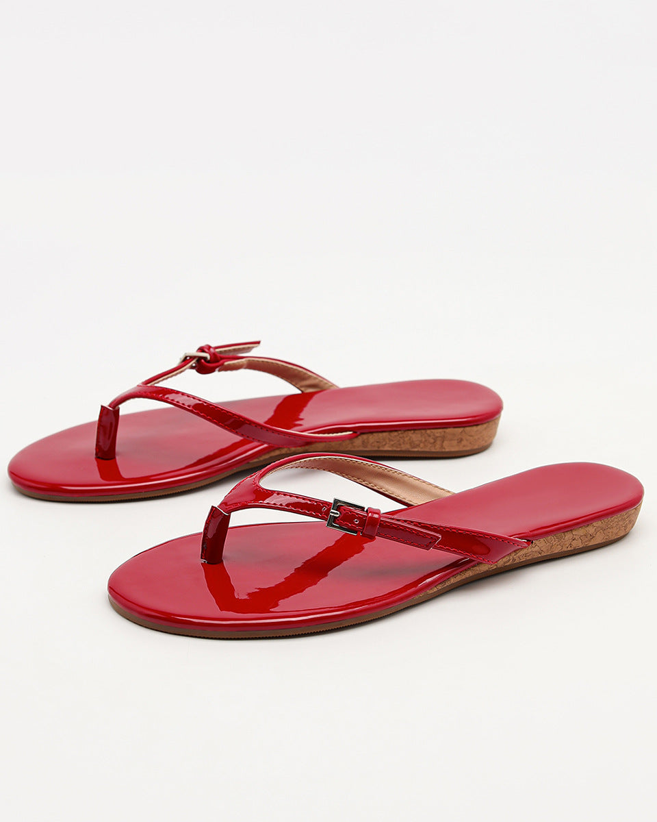 Mescini - Red toe post sandals angled pair view with side buckle, US women's sizes